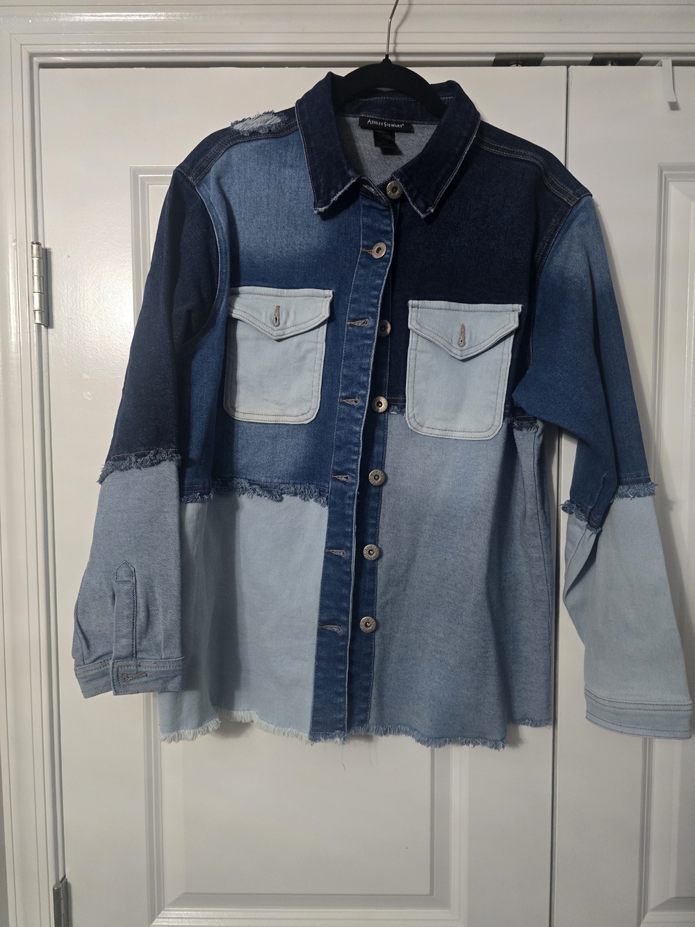 Ashley Stewart Two-Tone Patchwork Denim Jacket - Light Blue & Dark Blue